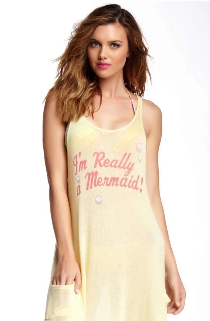 Wild Fox Swim Santorini I'm Really a Mermaid yellow knit swing dress XS beachy